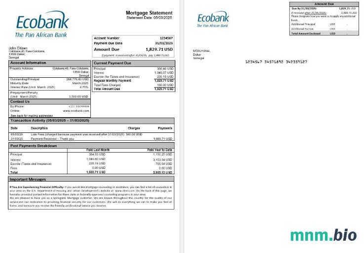 Senegal Ecobank wyciąg z kredytu hipotecznego w formatach Word i PDF